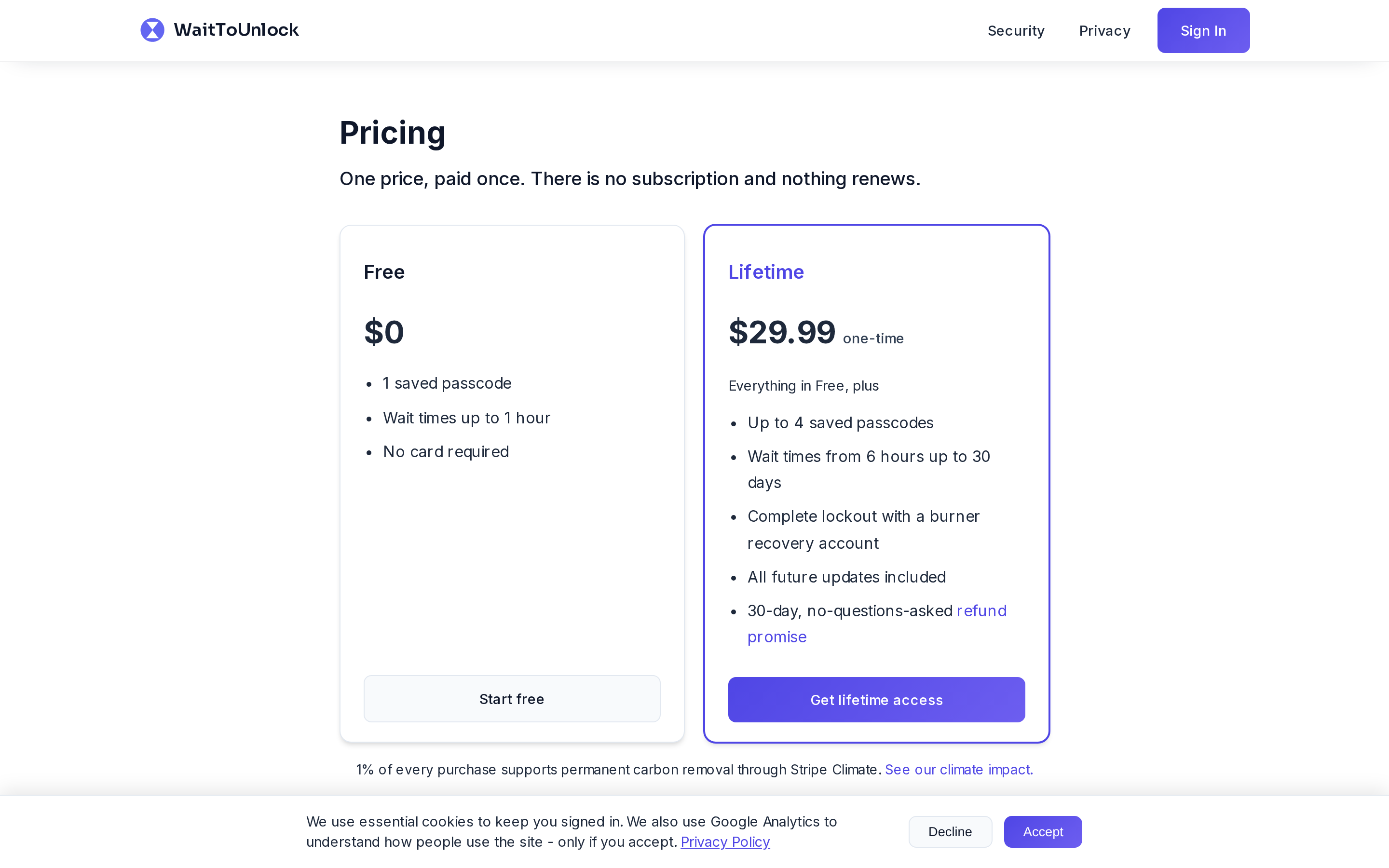 WaitToUnlock — pricing