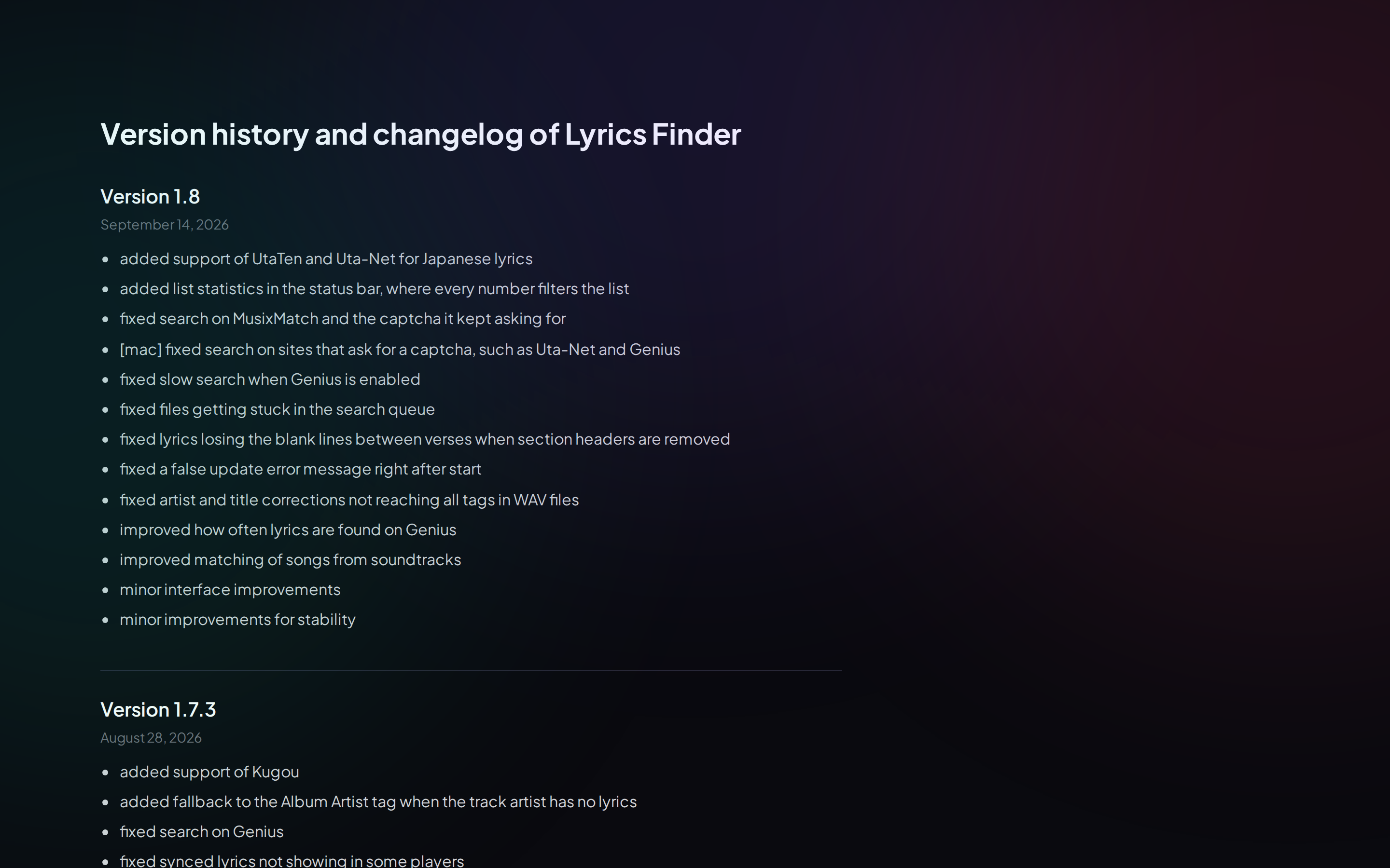 MediaHuman Lyrics Finder — changelog