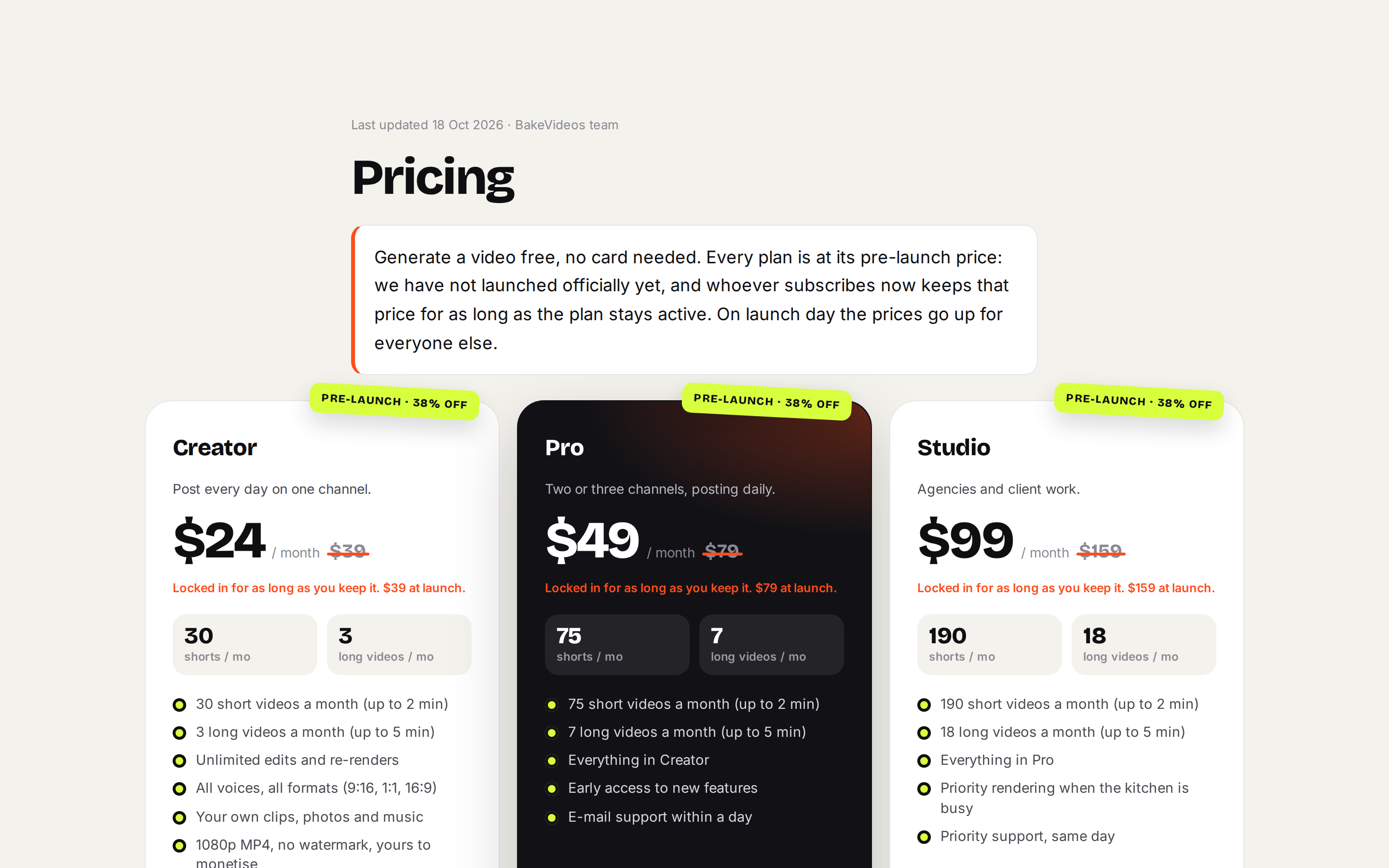BakeVideos — pricing