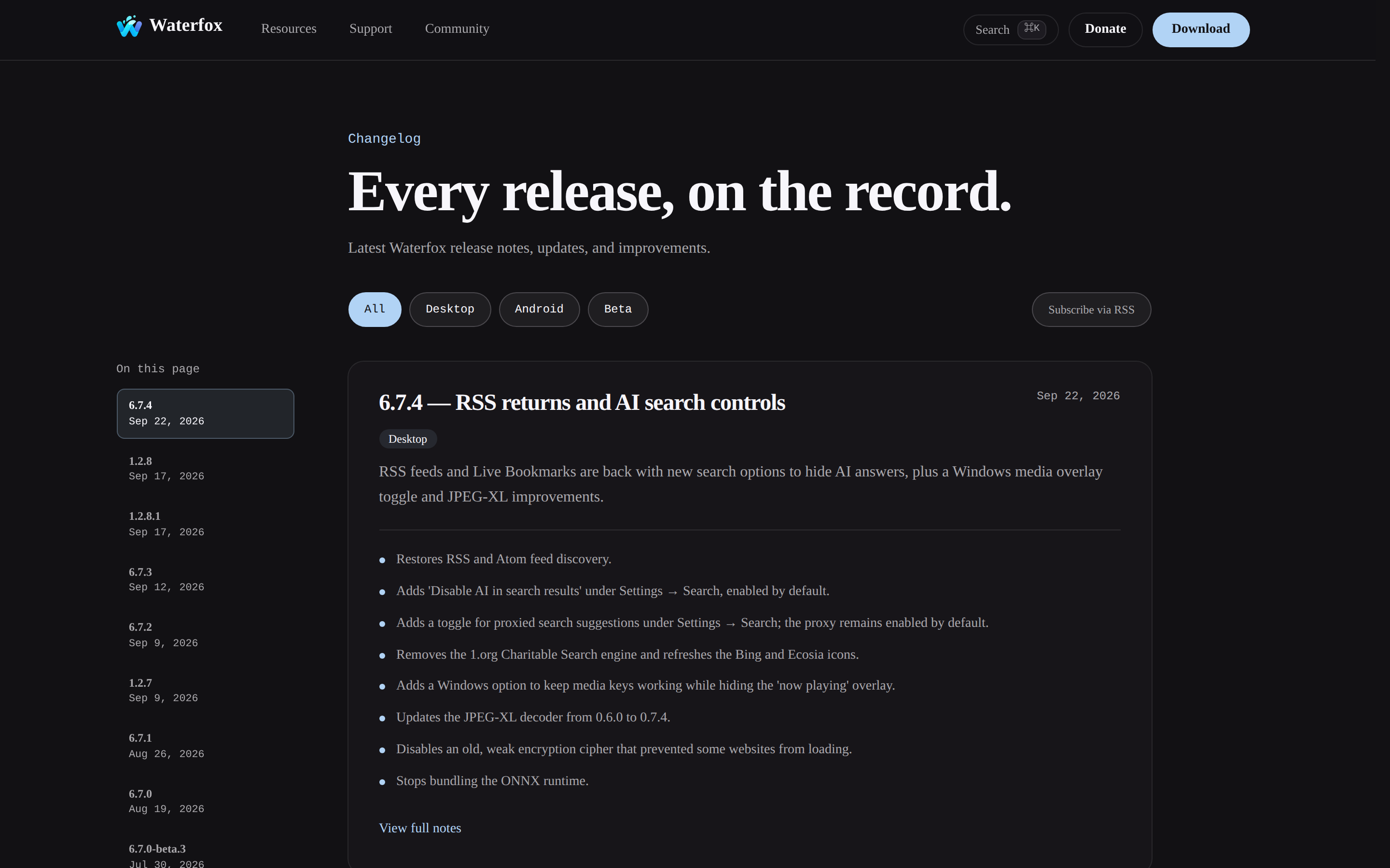 Waterfox — changelog