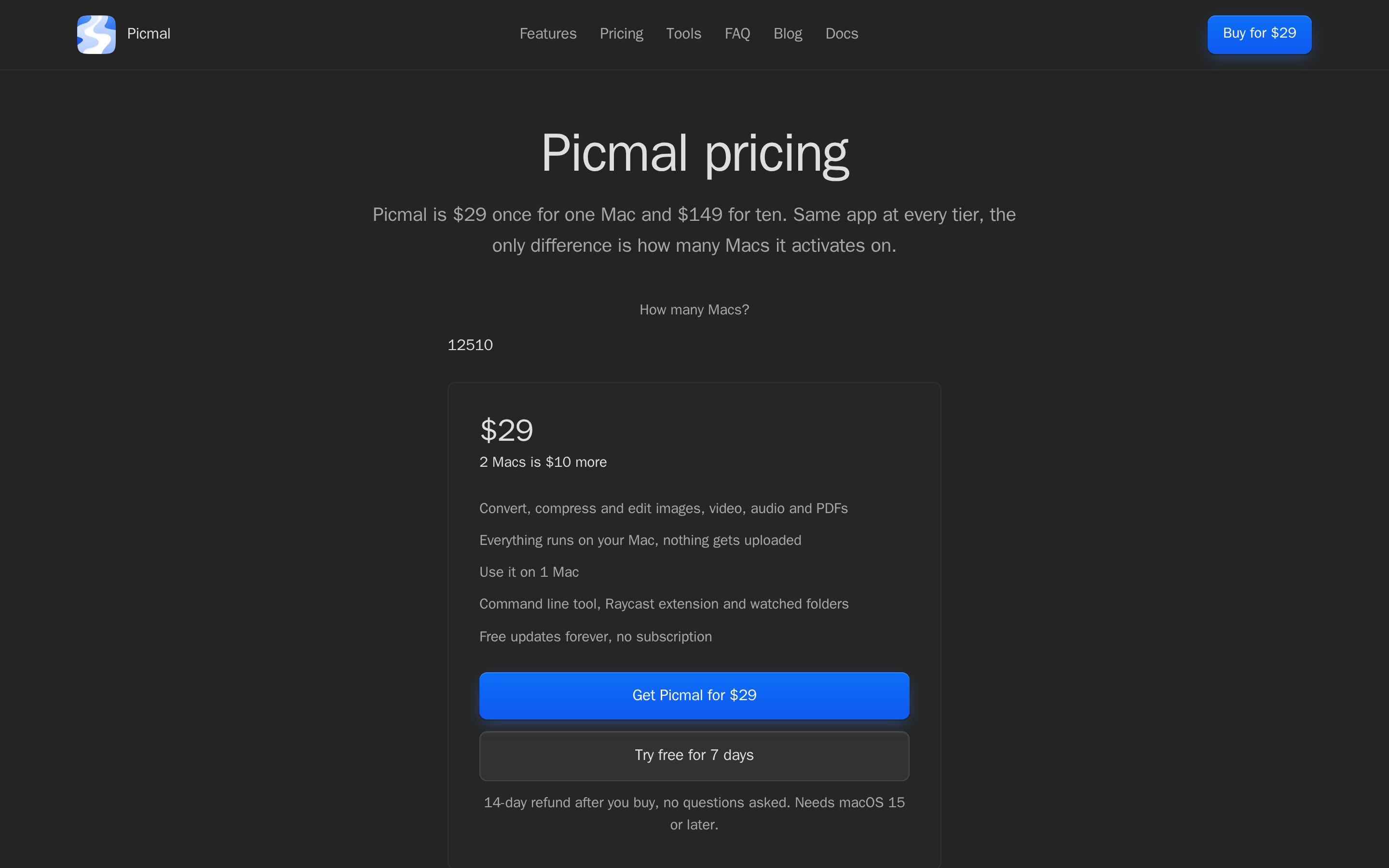 Picmal — pricing