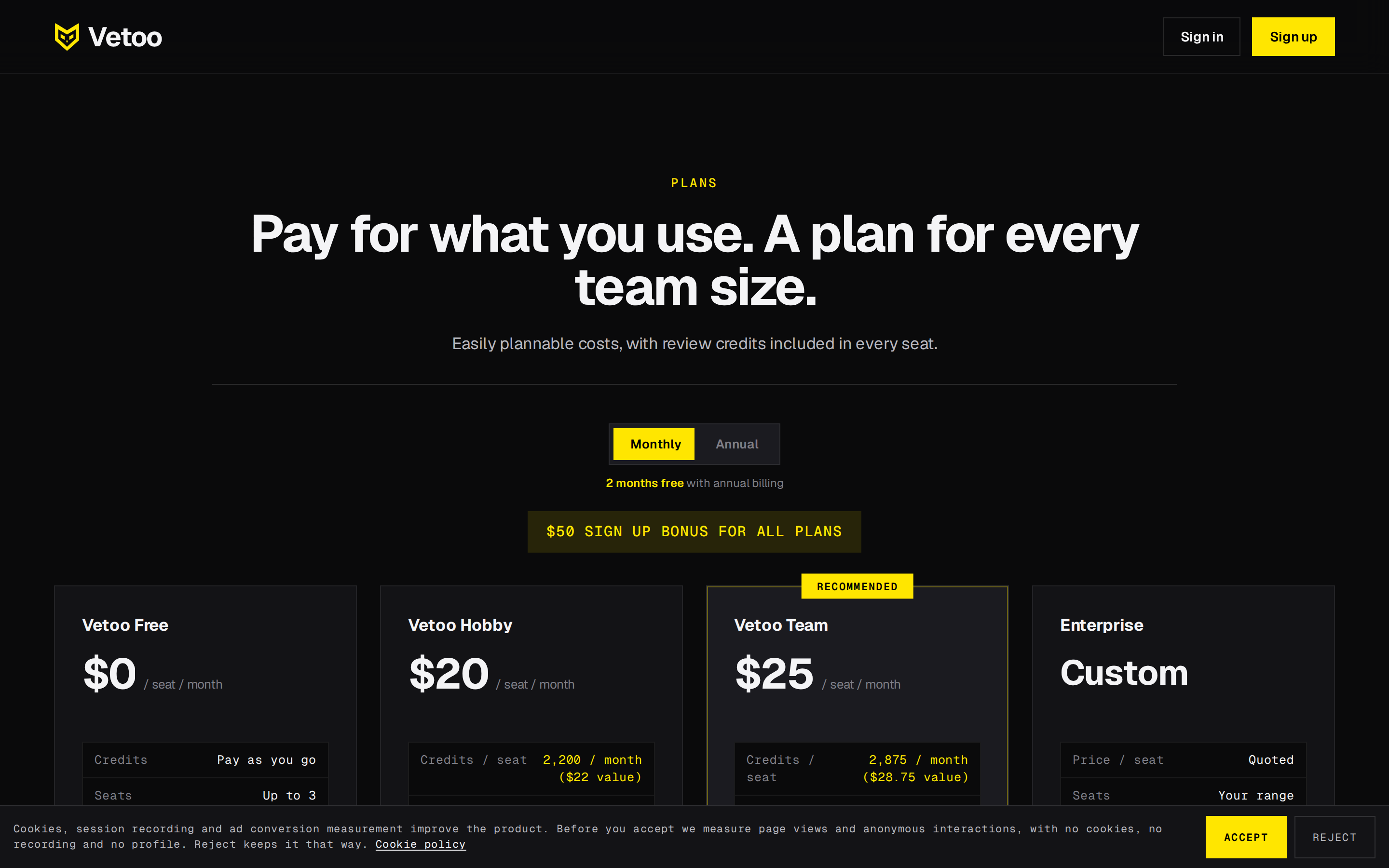 Vetoo — pricing