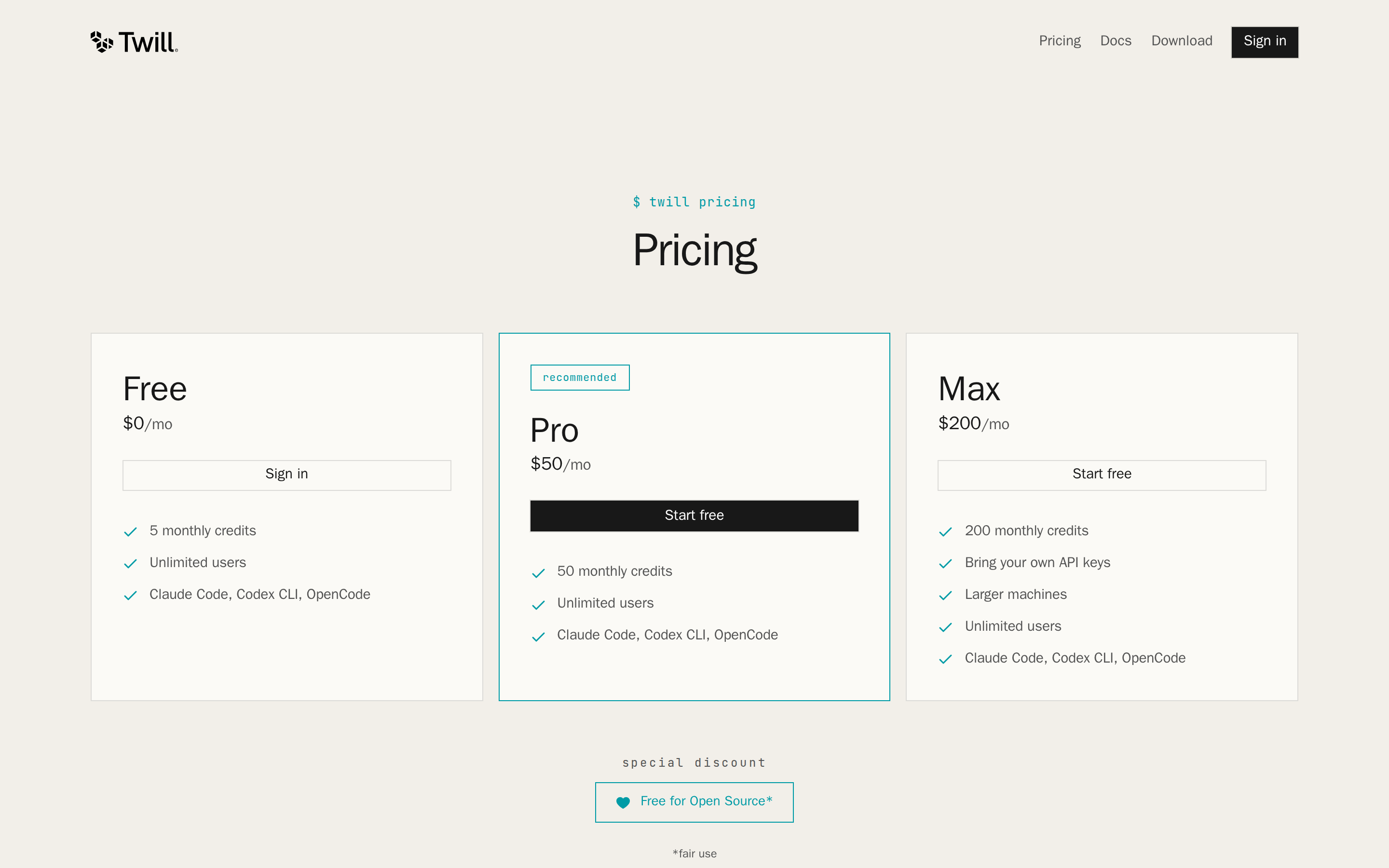 Twill — pricing
