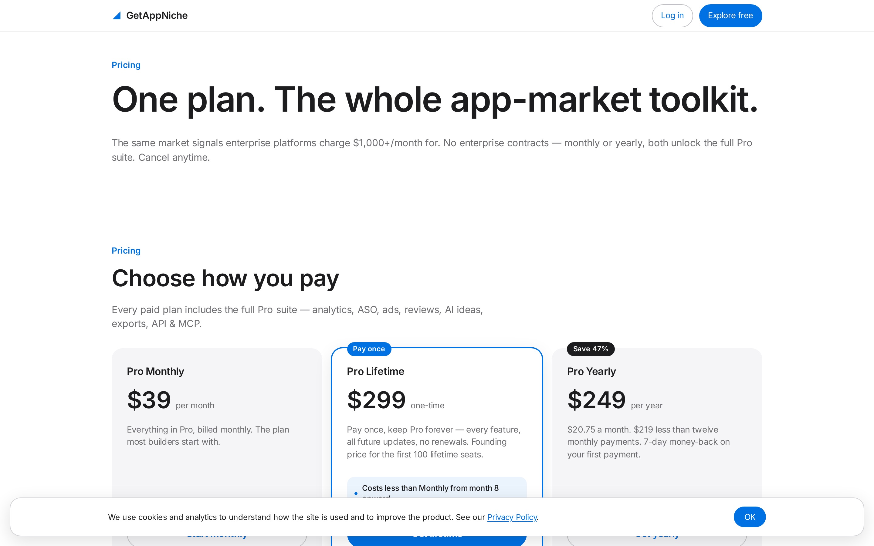 GetAppNiche App Store Keyword Tool — pricing