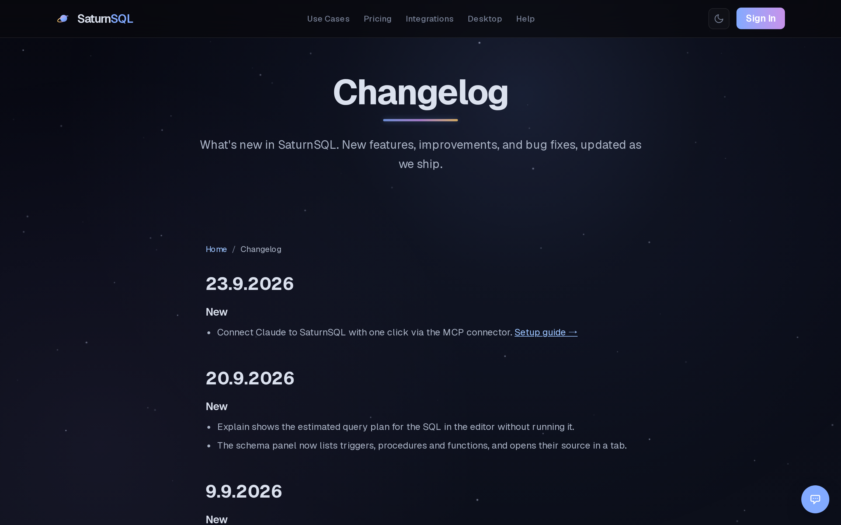 SaturnSQL — changelog