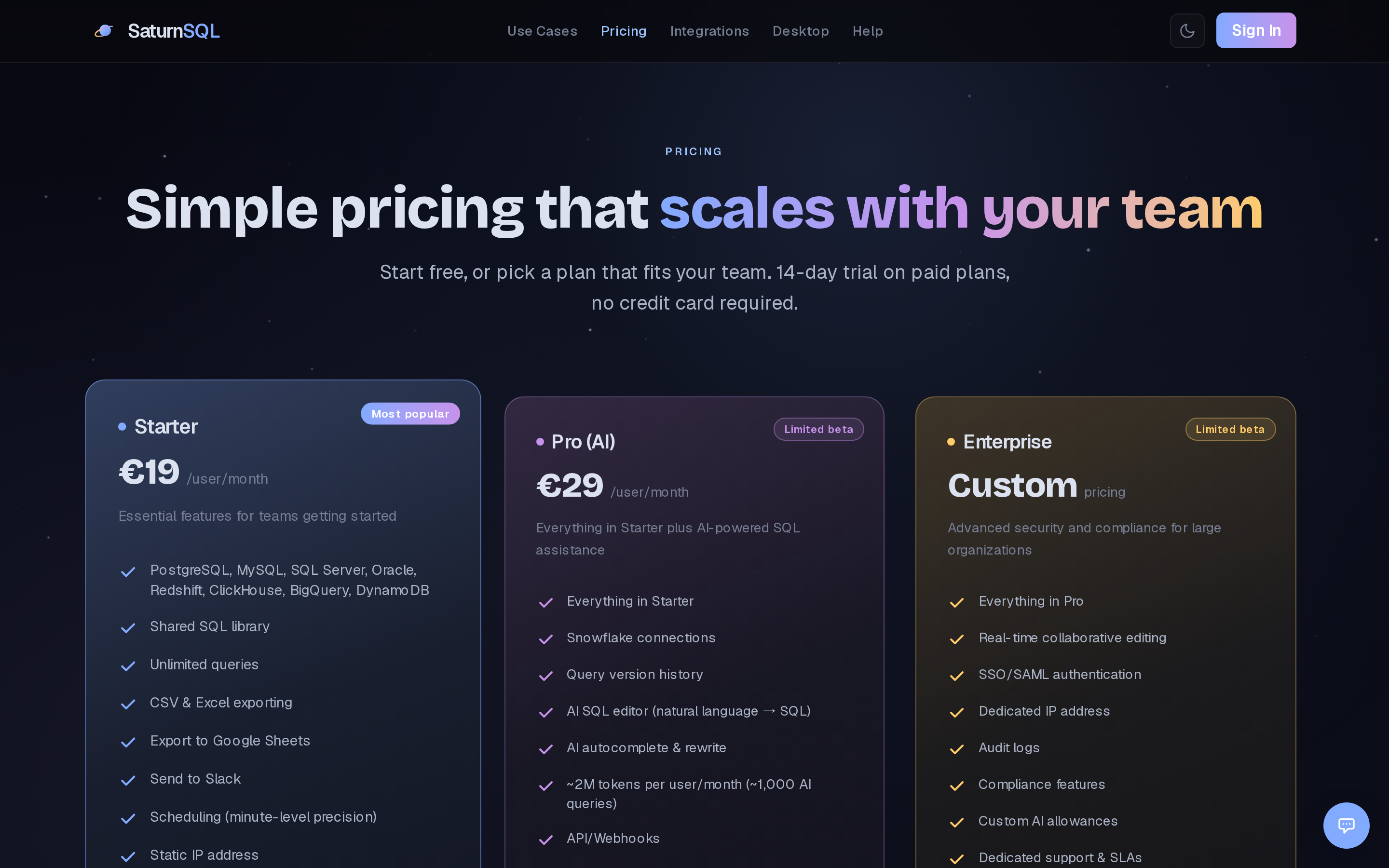 SaturnSQL — pricing
